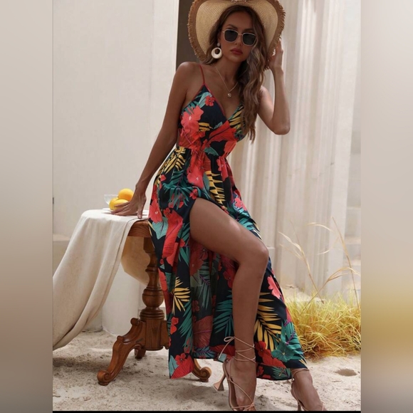 Tropical Print Split Thigh Cami Dress - Picture 3 of 5